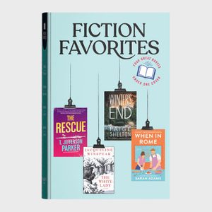 Book cover shows four dangling novels: 
