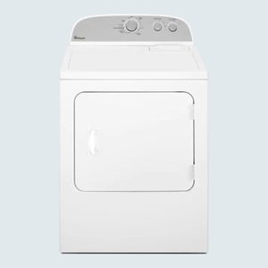 Dryer sits idle; panel displays Whirlpool logo and control knobs; plain, light blue background.