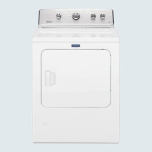 A white dryer with a square door and four control knobs on the top panel, situated against a plain light background.