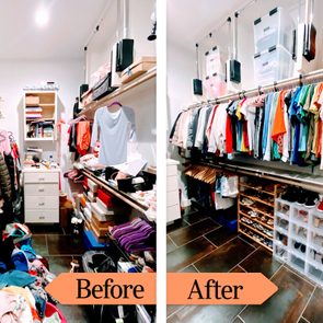 Closet organization transformation; left side cluttered with clothes and boxes, right side neat with clothes hung, shoes aligned in boxes. 