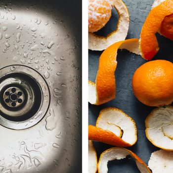Left: a sink with water droplets. Right: oranges with peels scattered on a dark surface.