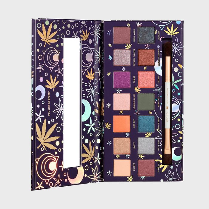 Makeup palette displays colorful shades and brush, surrounded by whimsical leaf and celestial patterns. Transcribed text includes shade names like 