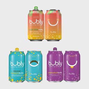 Five colorful Bubly sparkling water cans display various flavors and designs against a plain background.
