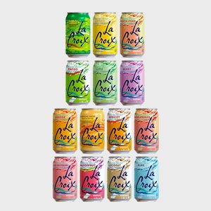 Twelve colorful LaCroix sparkling water cans are arranged in four rows against a plain background, displaying various fruit flavors.