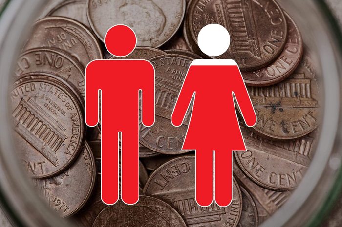jar of pennies with form of man and woman overlay