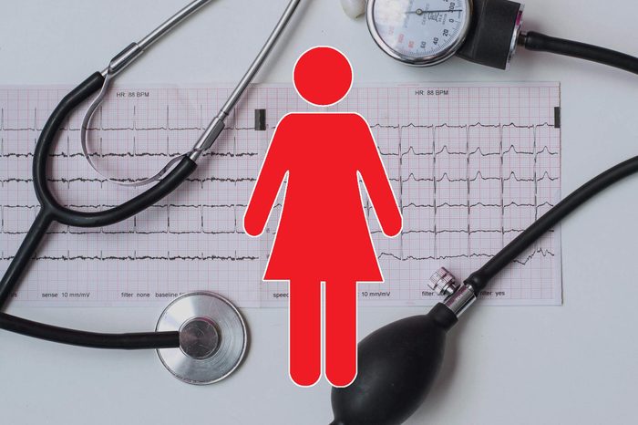 stethoscope, chart readout, and blood pressure cuff background with woman symbol overlay
