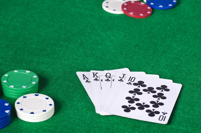 Closeup of cards and chips while playing poker