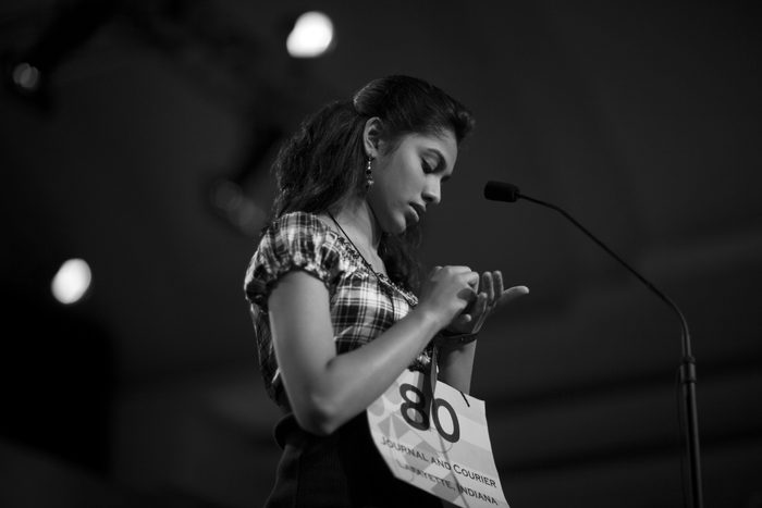 13-year-old Modhura Chakravarty of Lafayette Indiana Spells a Word Into Her Hand During the Semifinals of the Scripps National Spelling Bee in Washington Dc Usa 04 June 2010 United States Washington