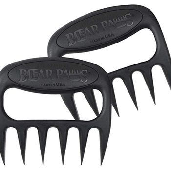 Two black meat claws resting side by side, labeled "Bear Paws," designed for shredding meat in a cooking context.