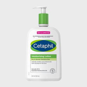 Bottle dispenses Cetaphil moisturizing lotion in a clean, gray setting. Promises 48-hour hydration for dry, sensitive skin. Contains avocado oil and vitamins B5, B3.