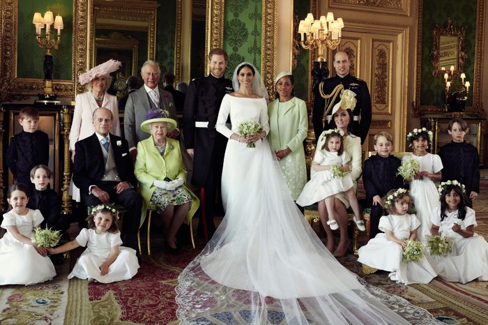 This official wedding photograph released by the Duke and Duchess of Sussex, Meghan Markle and Prince Harry, shows - The Duke and Duchess in The Green Drawing Room, Windsor Castle, with (left-to-right): Back row: Master Jasper Dyer, Camilla Duchess of Cornwall, Prince Charles, Ms. Doria Ragland, Prince William ; middle row: Master Brian Mulroney, Prince Philip, Queen Elizabeth II, Catherine Duchess of Cambridge, Princess Charlotte, Prince George, Miss Rylan Litt, Master John Mulroney ; Front row: Miss Ivy Mulroney, Miss Florence van Cutsem, Miss Zalie Warren, Miss Remi Litt.