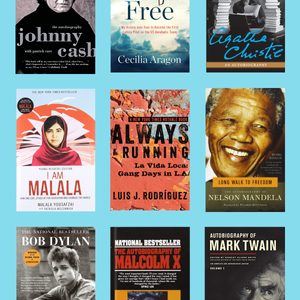 Nine book covers are displayed on a blue background, featuring autobiographies from diverse authors with names like Johnny Cash, Malala, Mandela, and Bob Dylan.
