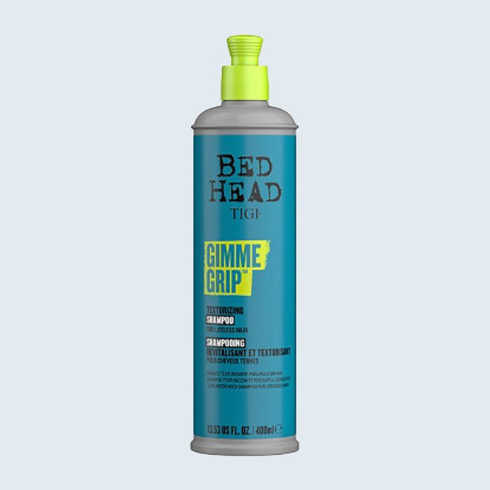 A blue shampoo bottle labeled 