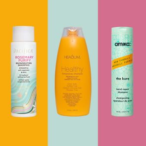 Three shampoo bottles stand against colorful backgrounds with unique designs and labels, showcasing different formulas and benefits for hair care.