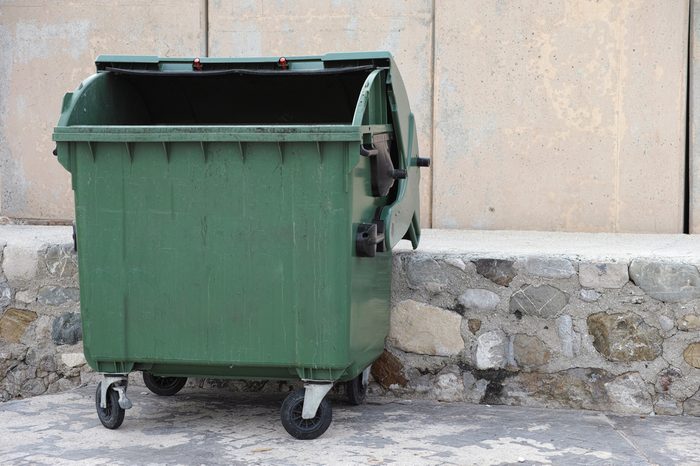 Green empty trash dumpster. Close up.