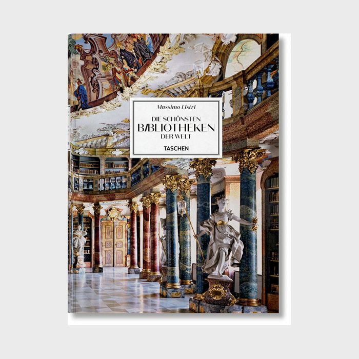 Book cover displays ornate library interior with marble columns and statues, richly decorated ceiling. Title: 