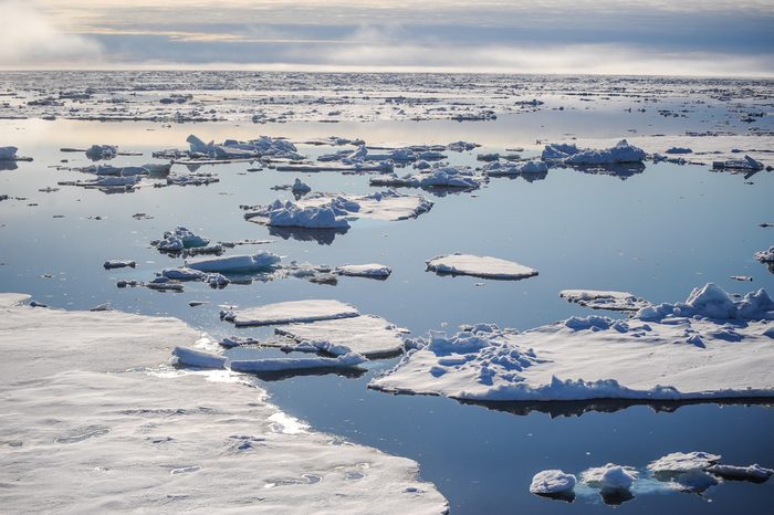 Pressure ridge and melt water at the Geographic North Pole