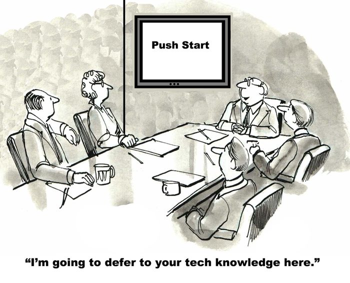 The toughest part of the business meeting is getting the technology to work; push start.