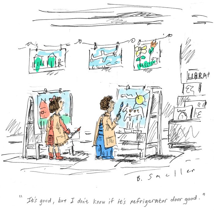 two students in art class; text reads, "it's good, but i don't know if it's refrigerator door good."