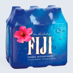 Pack of Fiji water bottles with hibiscus image, displaying 