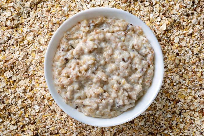 Seven grain porridge. Hot healthy cereal breakfast. Top view