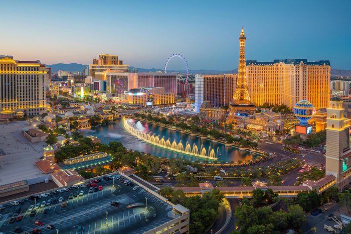 Aerial view of Las Vegas strip in Nevada as seen at night USA