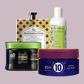 Hair care products displayed; bottles and jars labeled 