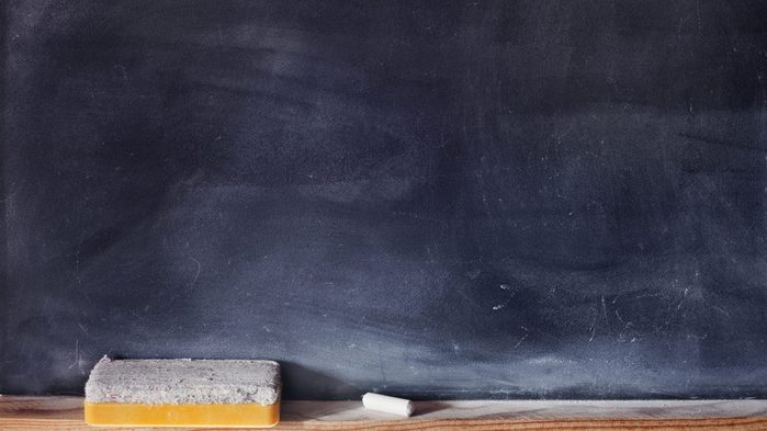 Blank blackboard with white chalk and eraser