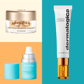 Three skincare products on a split background: capsules in a jar, an eye serum in a tube, and an eye cream in a bottle.