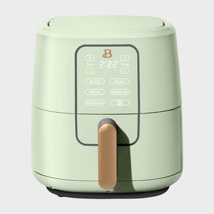 Green air fryer displaying 2:22 on a digital screen, surrounded by various function buttons like 