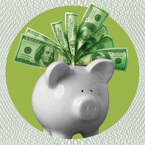 A white piggy bank with money sticking out, set against a green circle and patterned background.