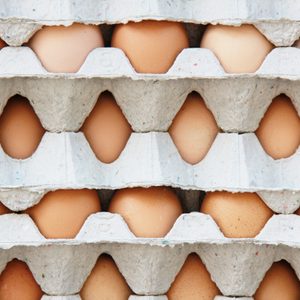 Eggs resting in stacked, gray cardboard trays, forming neat, horizontal rows.