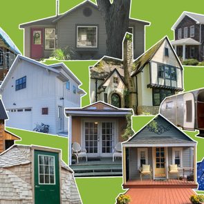 Various small houses and airstream trailer, positioned collage-style; green background, showcasing architectural diversity in residential designs.