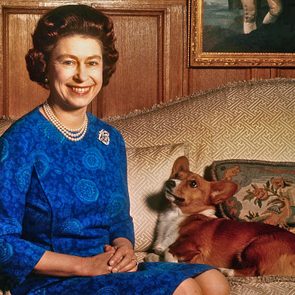 A person smiles while sitting beside a corgi on an elegant sofa, with wood paneling and a framed painting in the background.
