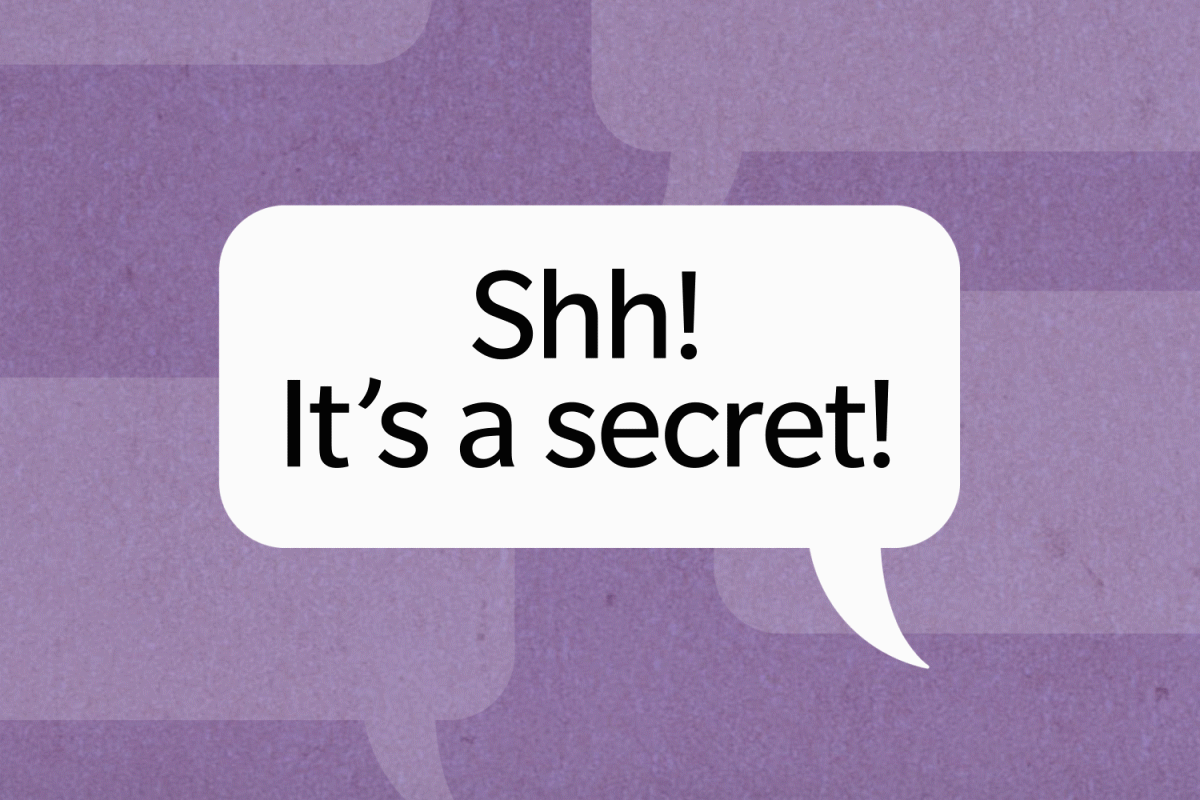 Speech bubble displays text, "Shh! It's a secret!" against a textured purple background with stylized overlapping bubbles.