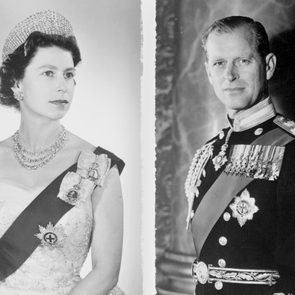 A woman in formal attire wears a tiara, while a man in a military uniform stands with decorations; both are in a studio setting.