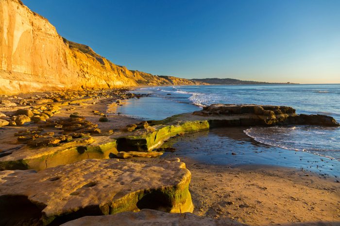 Scenic Panoramic Landscape of Distant La Jolla Shores and Pacific Ocean from Torrey Pines State Beach north of San Diego California