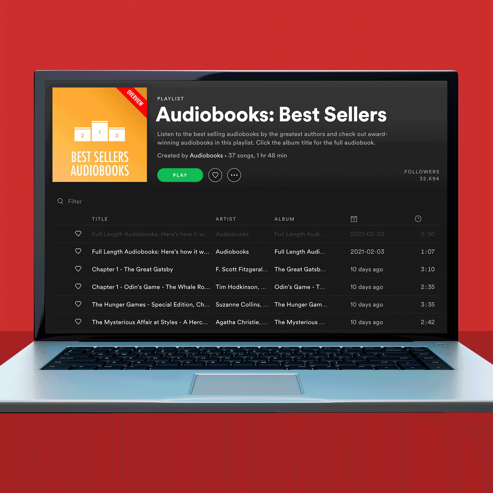 Laptop displays audiobook playlist; showing titles, artists, play buttons, on a red background. Header reads 