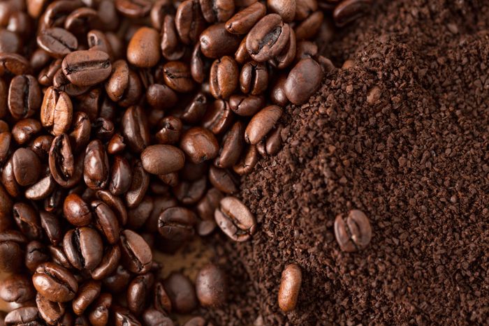 Coffee Beans and Grounds from Above Close Up. coffee beans and grounds close up from above