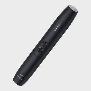 Black cylindrical device with buttons, displaying LED lights, labeled 