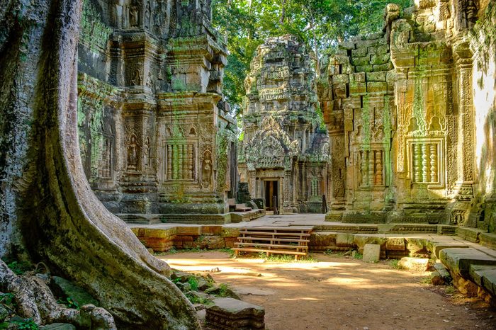 Ta Prohm temple in the morning light. Part of the Angkor Wat complex, Seam Reap, Cambodia. Film location for Tomb Raider.