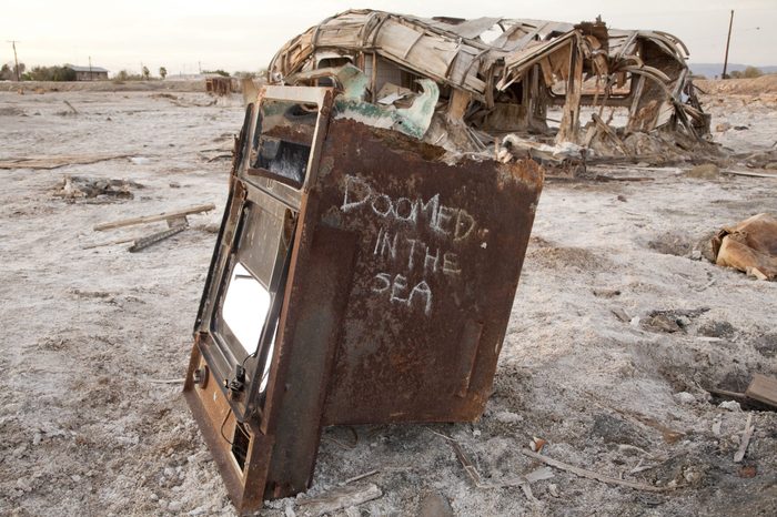 An old oven rots at the Salton Sea, CA. The Bombay Beach area was once a vibrant resort in the 1950s.