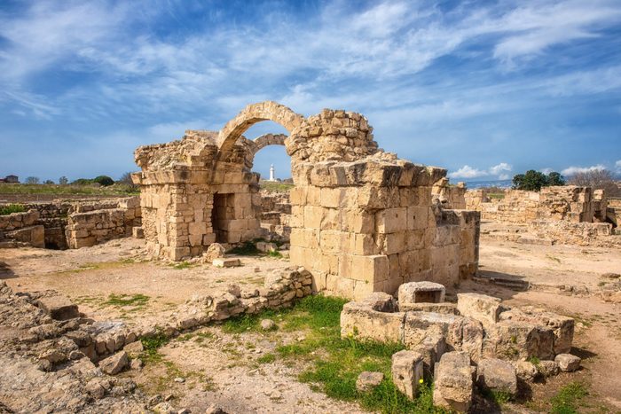 Saranta Kolones or Forty columns castle, ruined medieval fortress in Paphos Archaeological Park (Kato Pafos), harbour of Paphos, Cyprus. Scenic landscape with ruin of ancient architecture and blue sky
