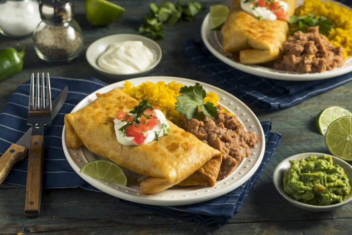 Deep Fried Beef Chimichanga Burrito with Rice and Beans