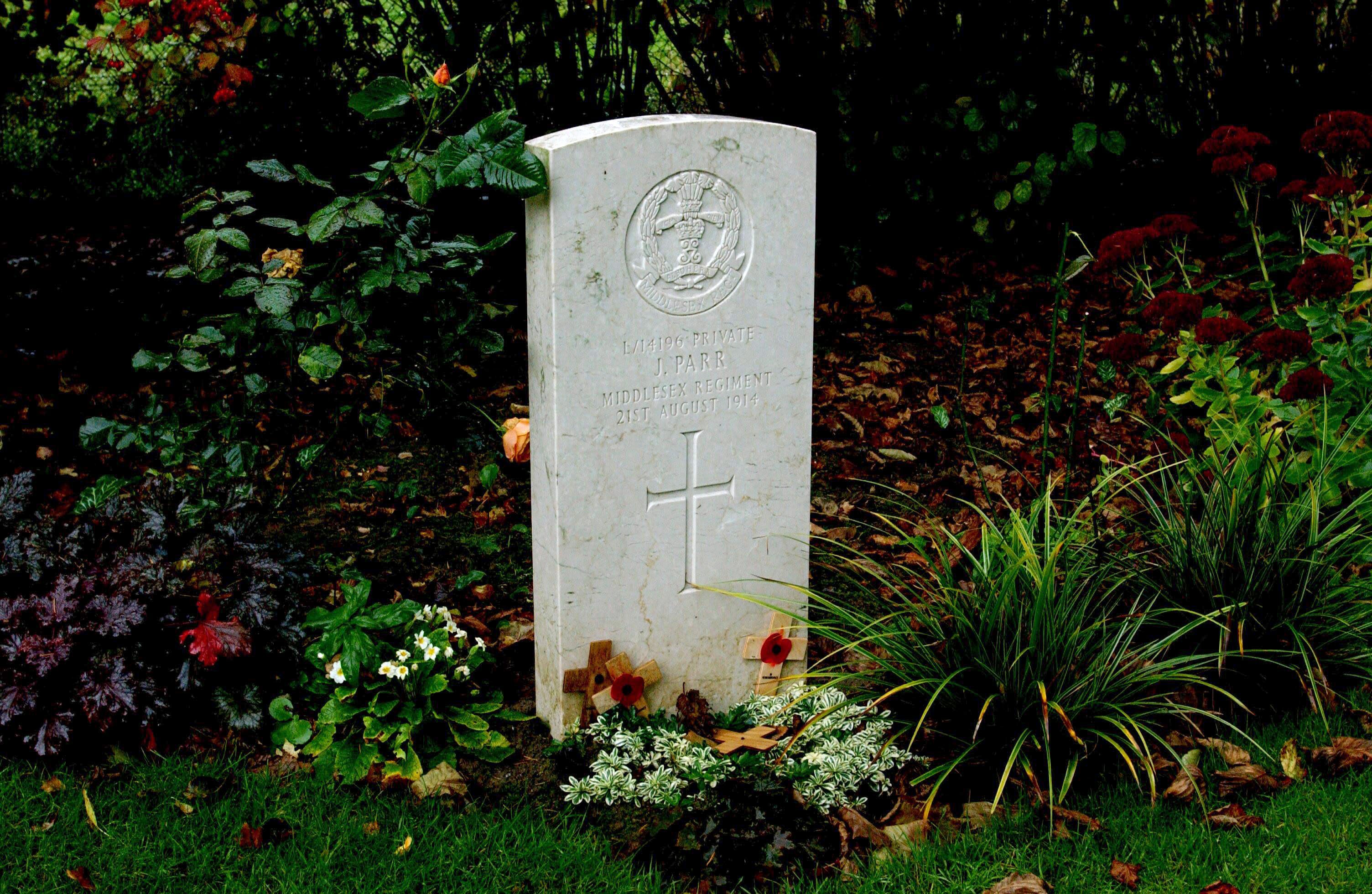 Mandatory Credit: Photo by Stuart Clarke/Shutterstock (814166d) Grave of Private John Parr, killed on 21st August 1914. The first British Soldier killed in the First World War St Symphorien Military Cemetery, near Mons, Belgium - Oct 2008