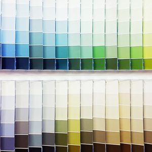 Paint swatches arranged by colors, transitioning through blues, greens, yellows, grays, and browns, mounted on a display wall.
