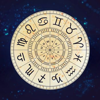 Zodiac wheel displaying astrological symbols and numbers, set against a dark, starry background.