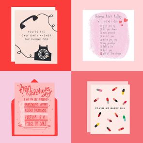 Four greeting cards with playful text and illustrations; a telephone, a checklist, a cake, and colorful pills on cardstock backgrounds.