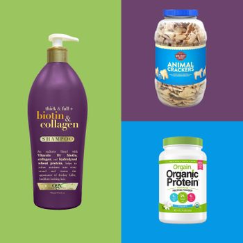 Purple shampoo bottle with biotin and collagen on green, large jar of animal crackers on purple, and white tub of organic protein powder on blue.