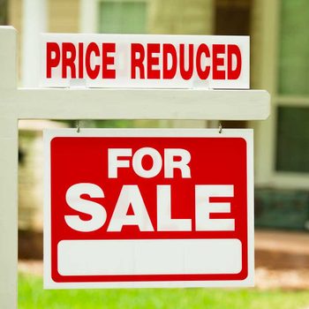 Sign displays "PRICE REDUCED" and "FOR SALE" on a white post, situated in front of a house with green plants.